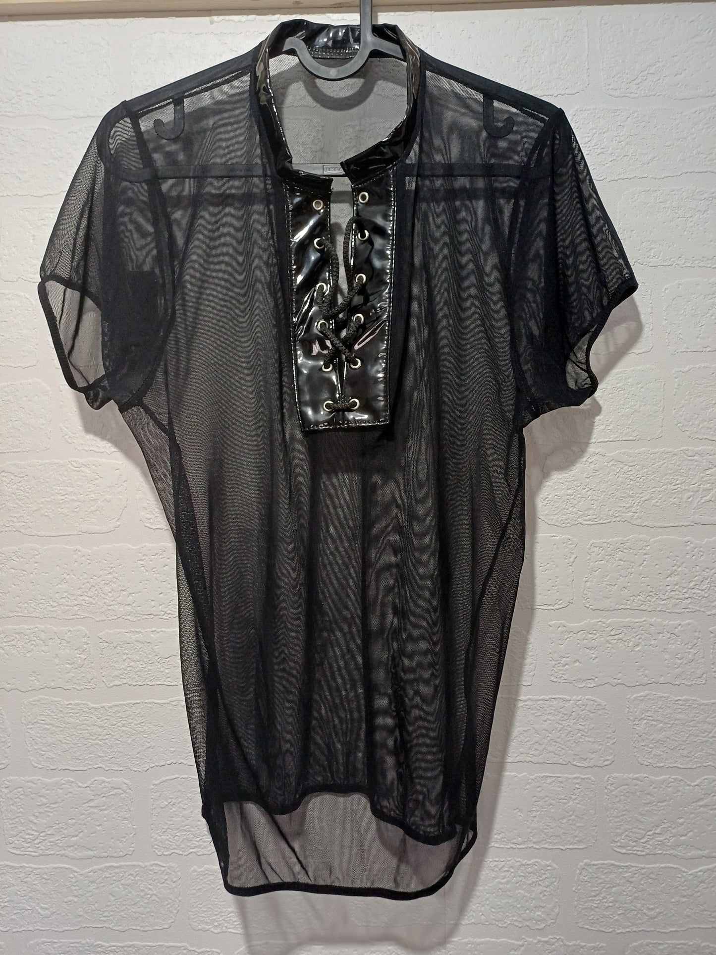 Unbranded Black Sheer Mesh Lace Up Vinyl Look Top Size 10-12 - Very Good Condition