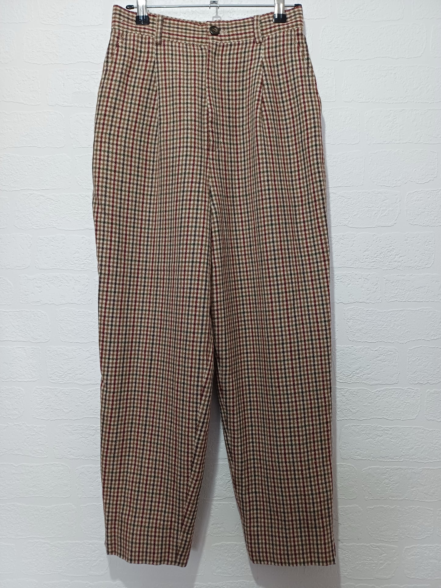 Simple Life Brown Red Beige Wool Blend Check Trousers Size 9 26" Waist - Very Good Condition