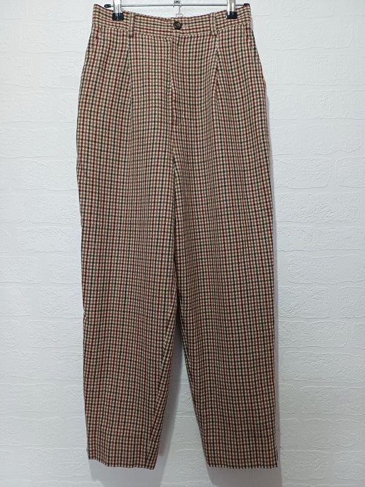 Simple Life Brown Red Beige Wool Blend Check Trousers Size 9 26" Waist - Very Good Condition