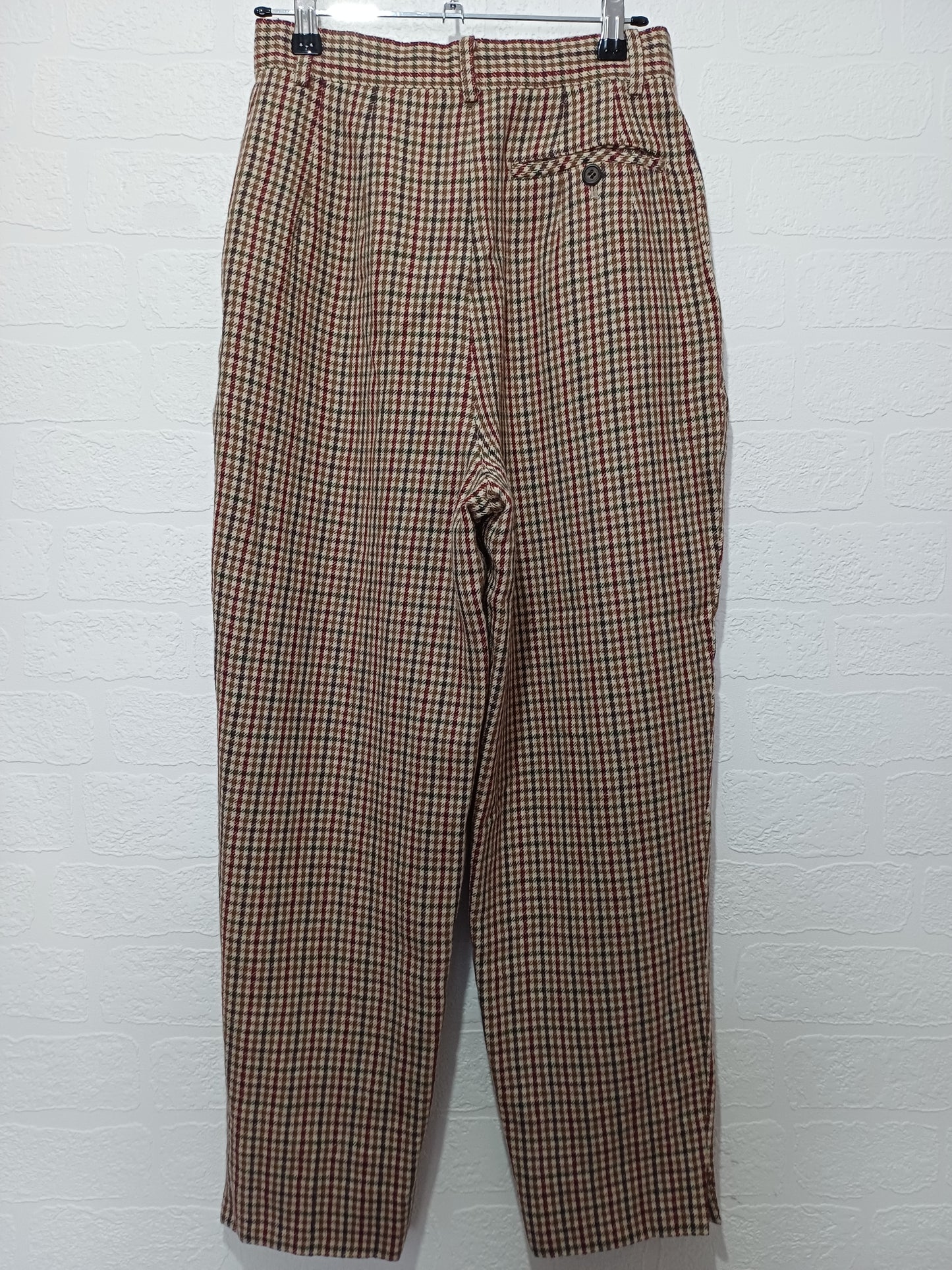 Simple Life Brown Red Beige Wool Blend Check Trousers Size 9 26" Waist - Very Good Condition