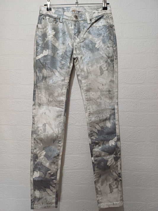 Toxik3 Silver Grey White Floral Print Coated Skinny Trousers Small - Brand New With Tags