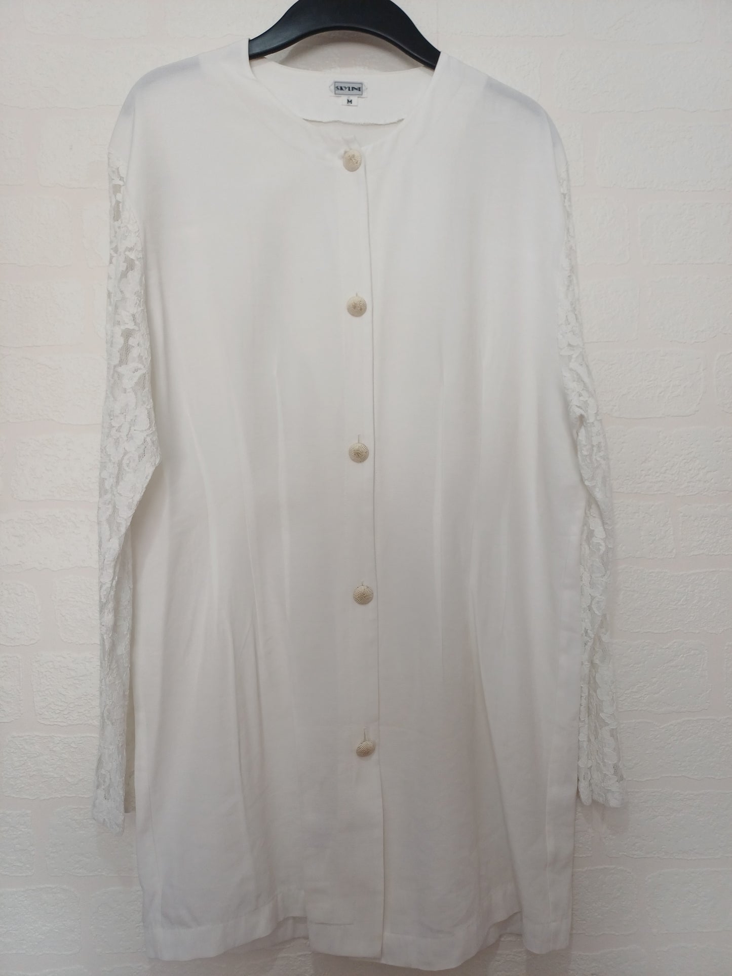 Skyline White Longline Lace Sleeve Blouse Medium 19" PTP - Good Condition