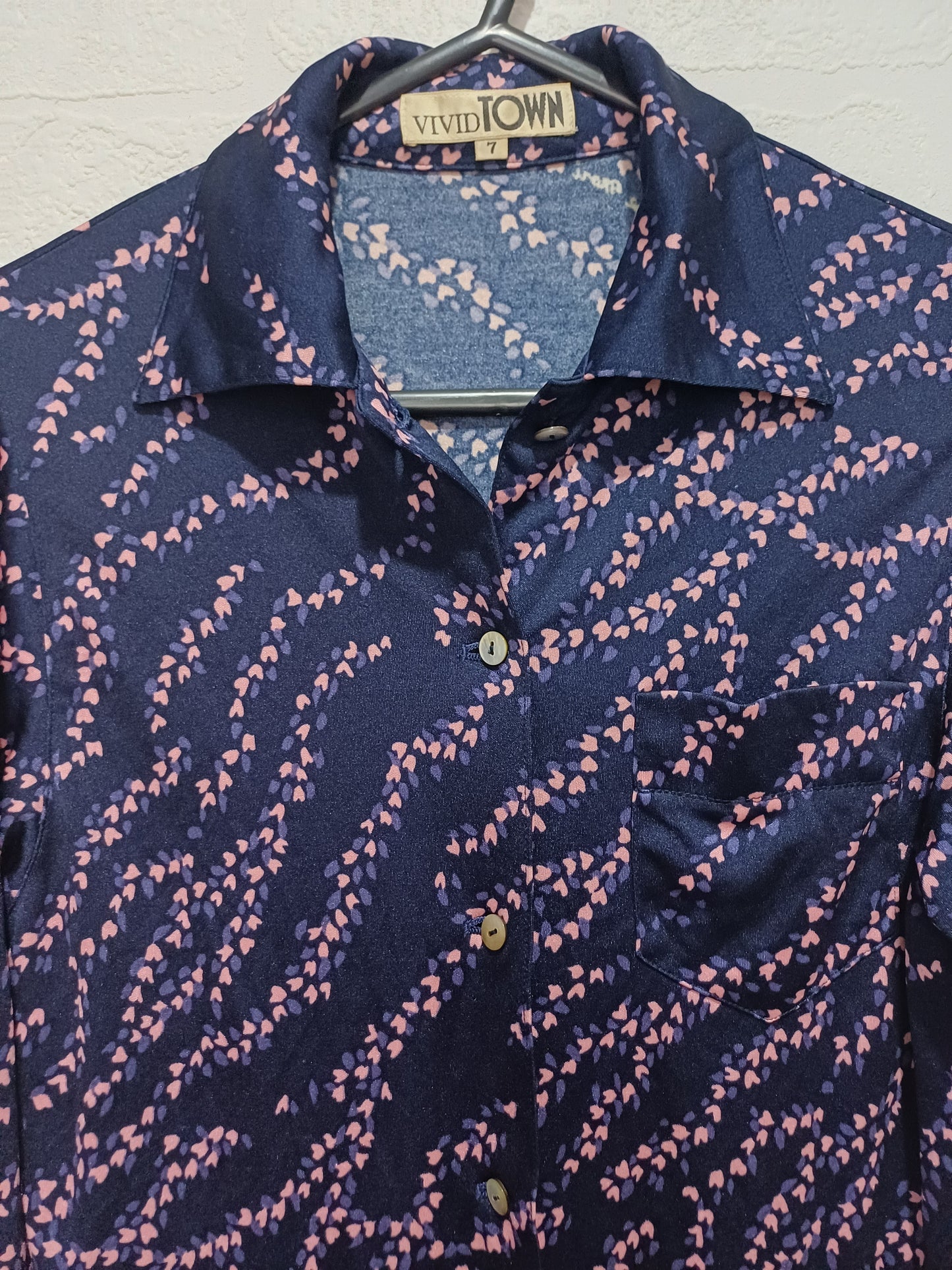 Vintage Navy Pink Purple Pattern Blouse Tag Size 7 16" PTP - Very Good Condition