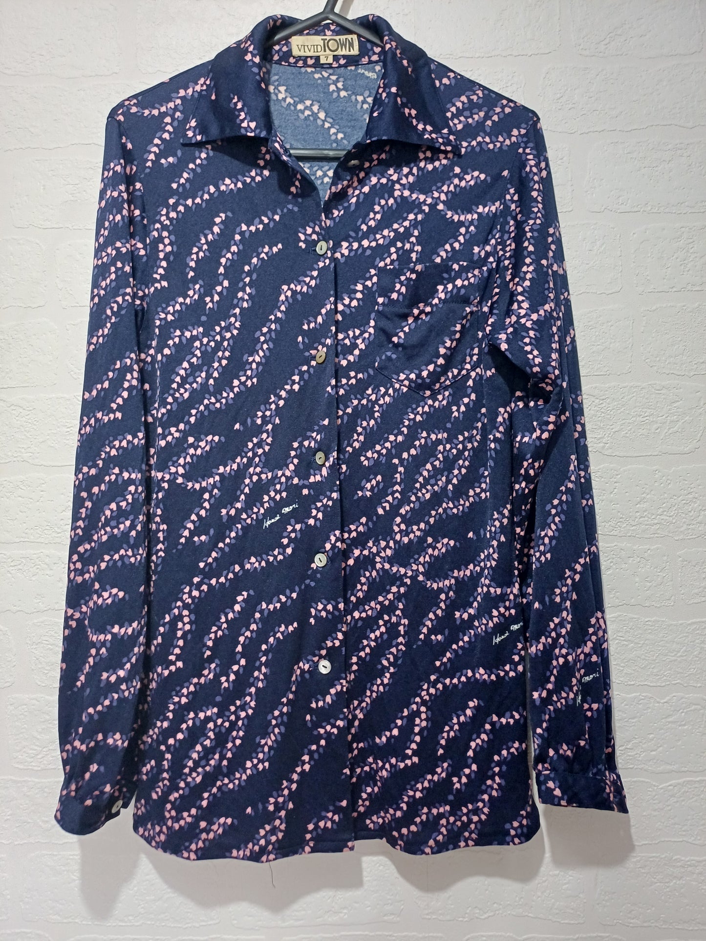 Vintage Navy Pink Purple Pattern Blouse Tag Size 7 16" PTP - Very Good Condition