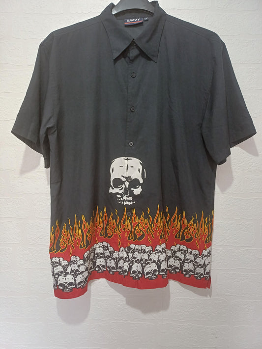 Savvy Black Skull Flame Graphic Shirt Medium 21.5" PTP - Very Good Condition