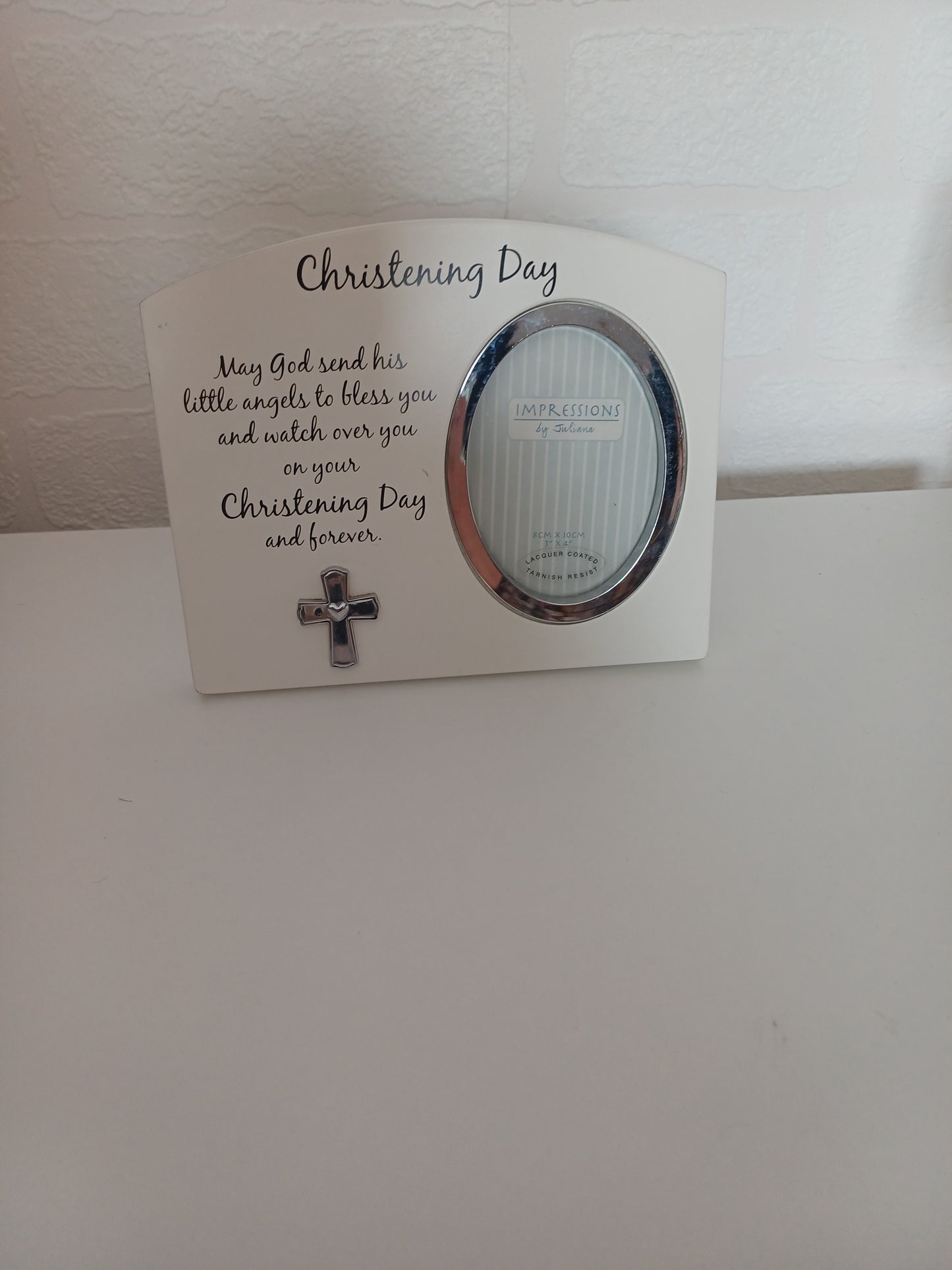 White Christening Photo Frame Silver Cross Detail 3x4 - Good Condition