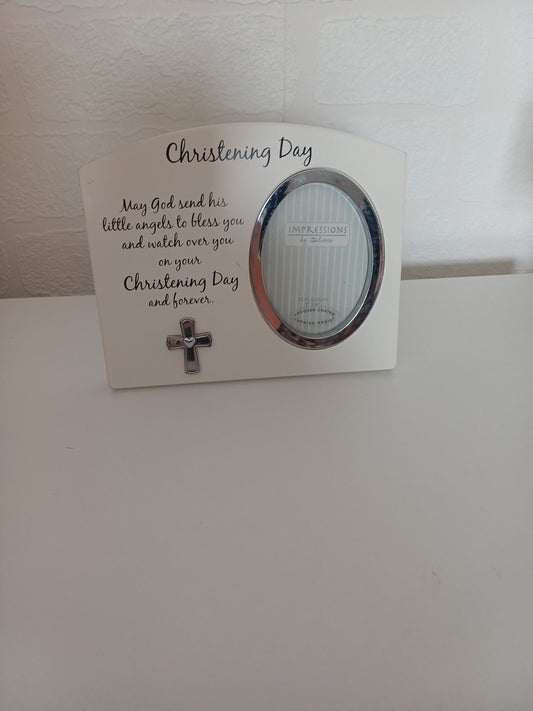 White Christening Photo Frame Silver Cross Detail 3x4 - Good Condition