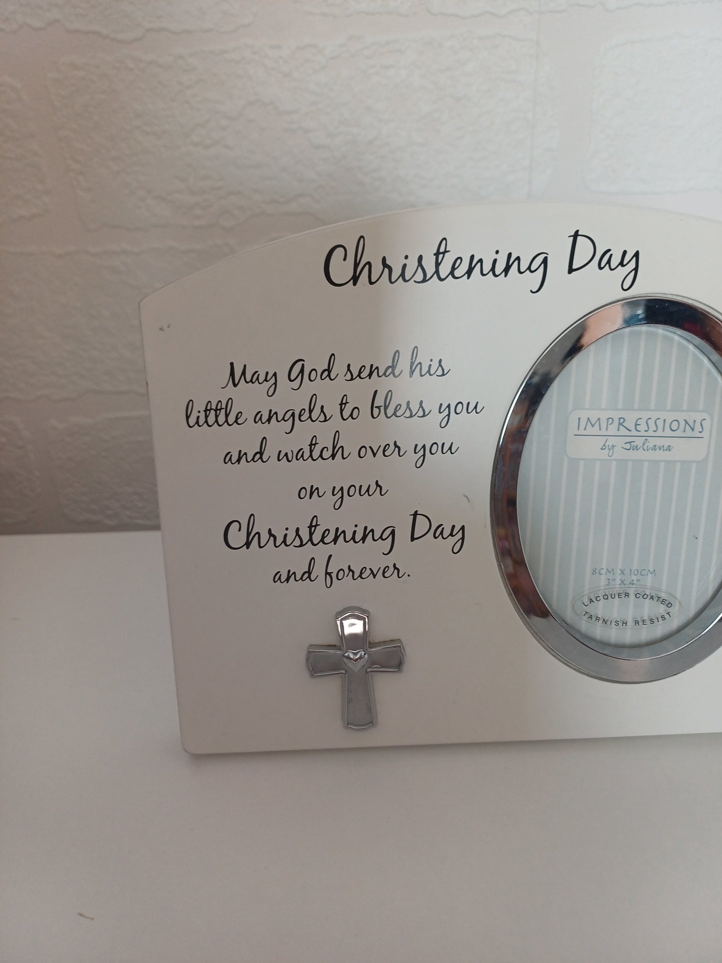 White Christening Photo Frame Silver Cross Detail 3x4 - Good Condition