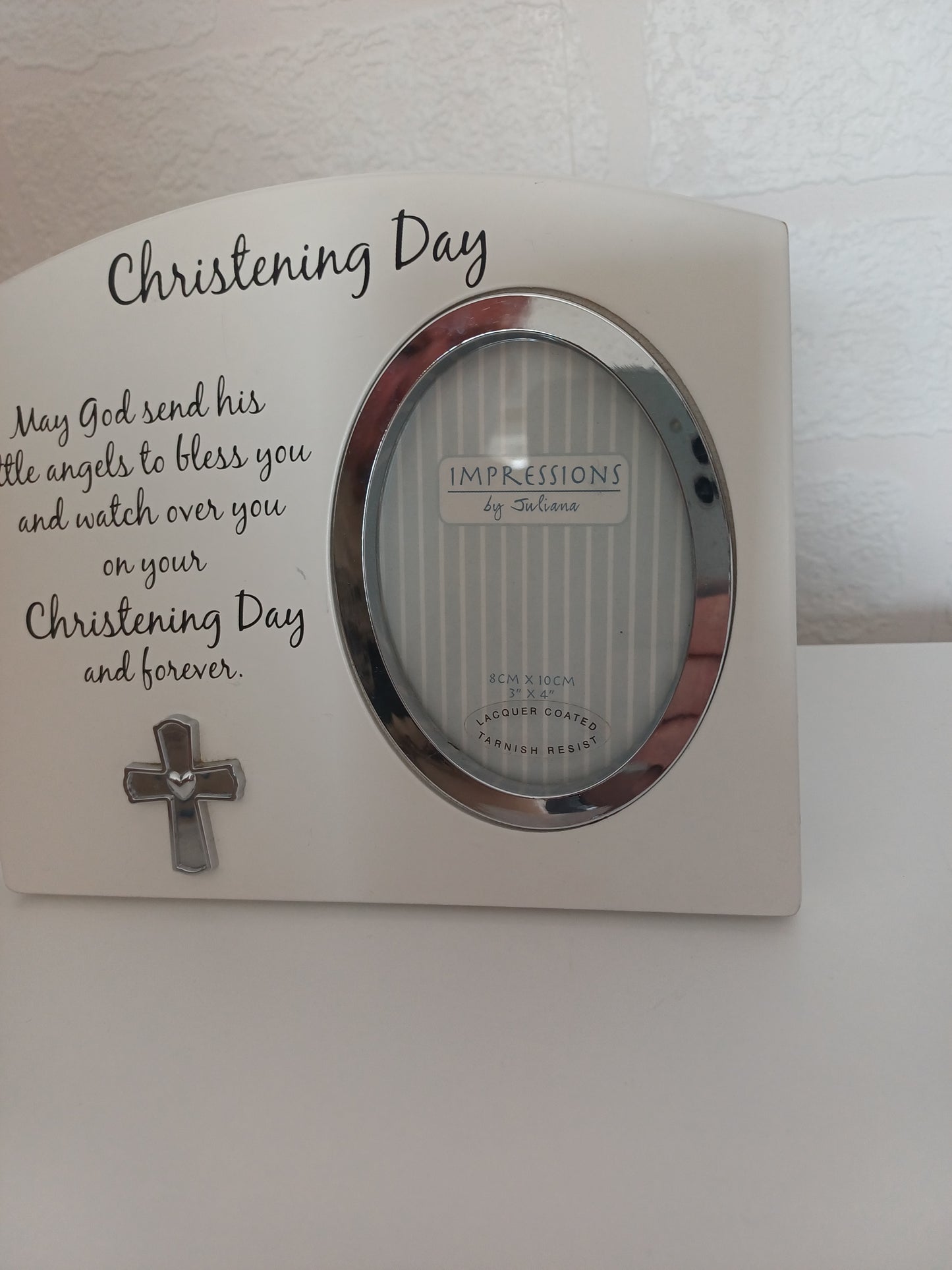 White Christening Photo Frame Silver Cross Detail 3x4 - Good Condition