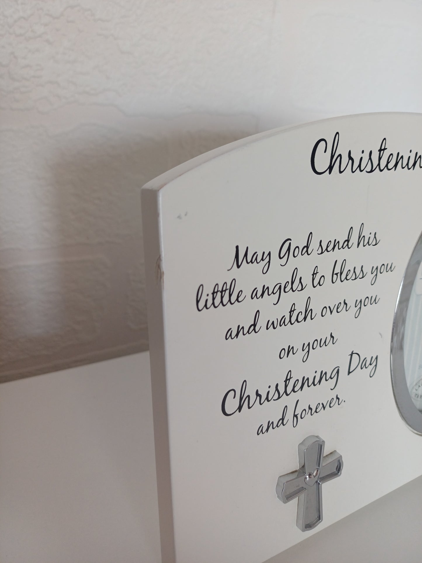 White Christening Photo Frame Silver Cross Detail 3x4 - Good Condition