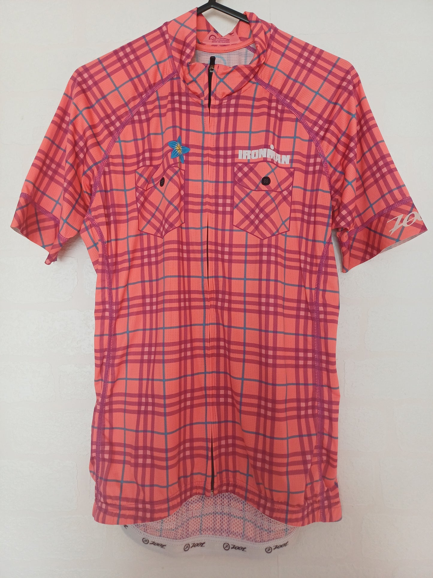 Zoot Ironman Pink Plaid Cycling Jersey Large 19" PTP - Good Condition