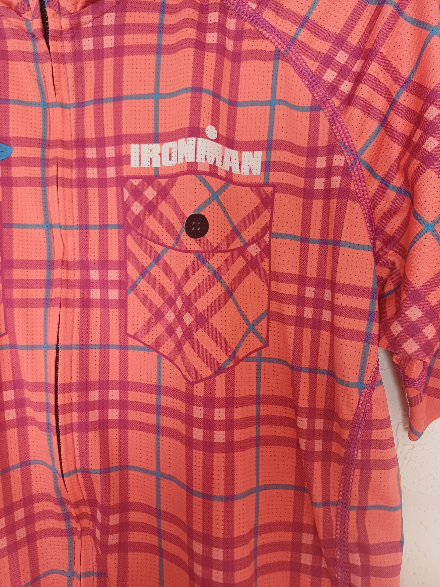 Zoot Ironman Pink Plaid Cycling Jersey Large 19" PTP - Good Condition