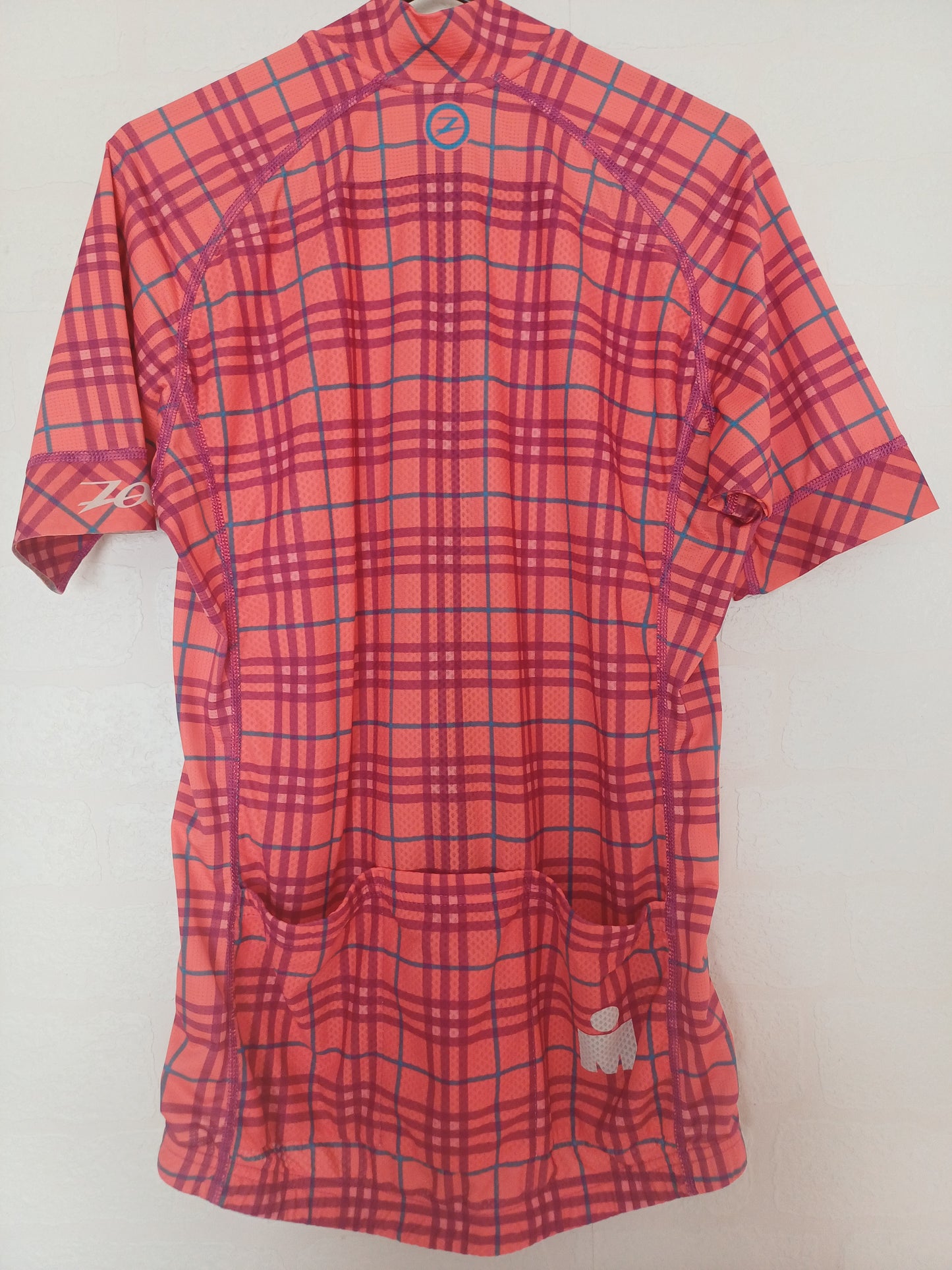 Zoot Ironman Pink Plaid Cycling Jersey Large 19" PTP - Good Condition