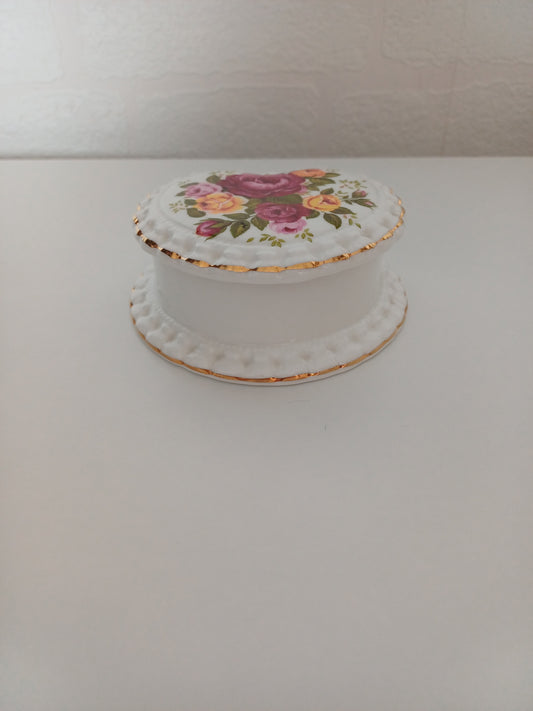 Crown Fine Bone China Heart Shaped Floral Rose Trinket Dish with Lid - Very Good Condition