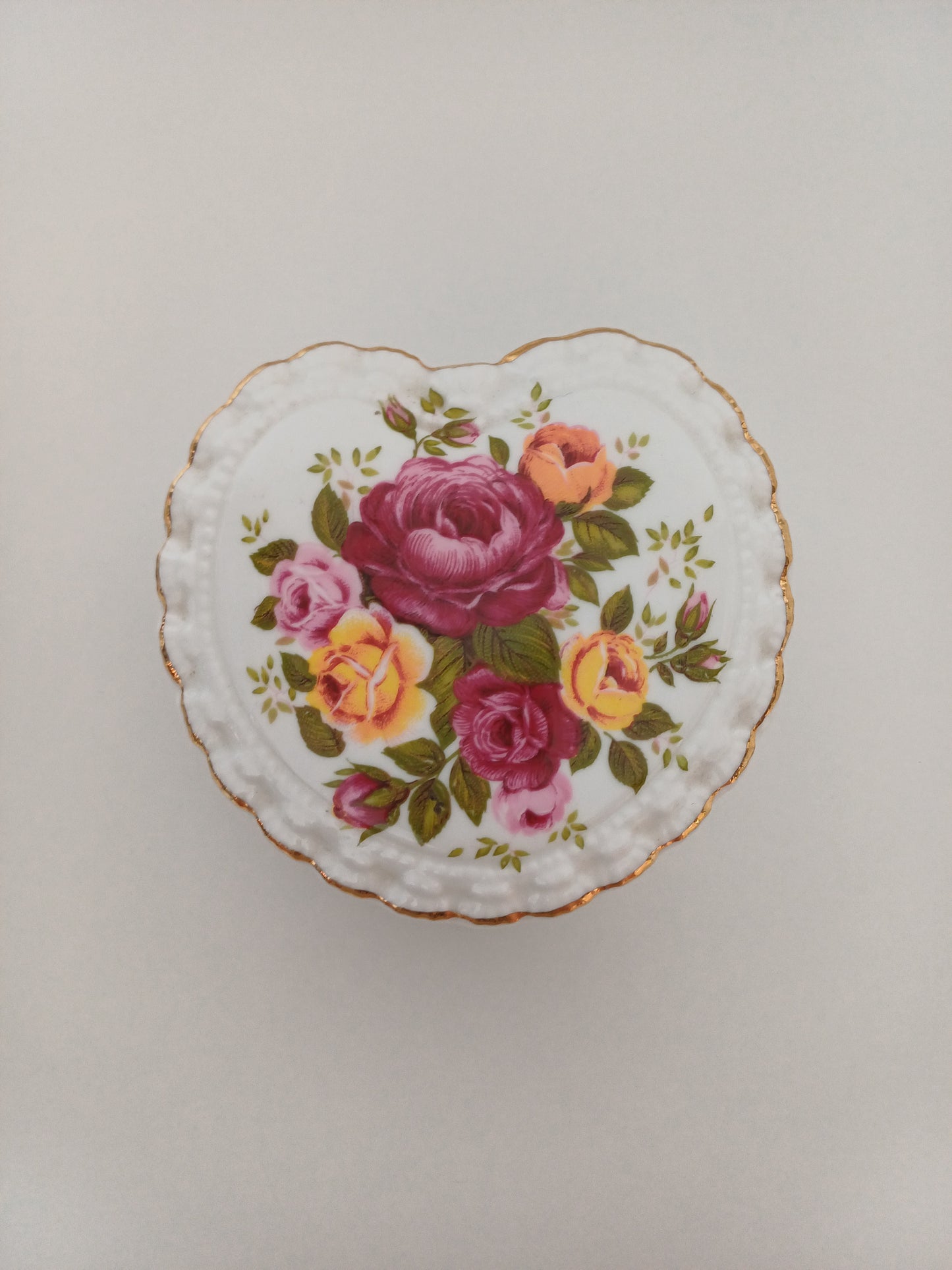 Crown Fine Bone China Heart Shaped Floral Rose Trinket Dish with Lid - Very Good Condition