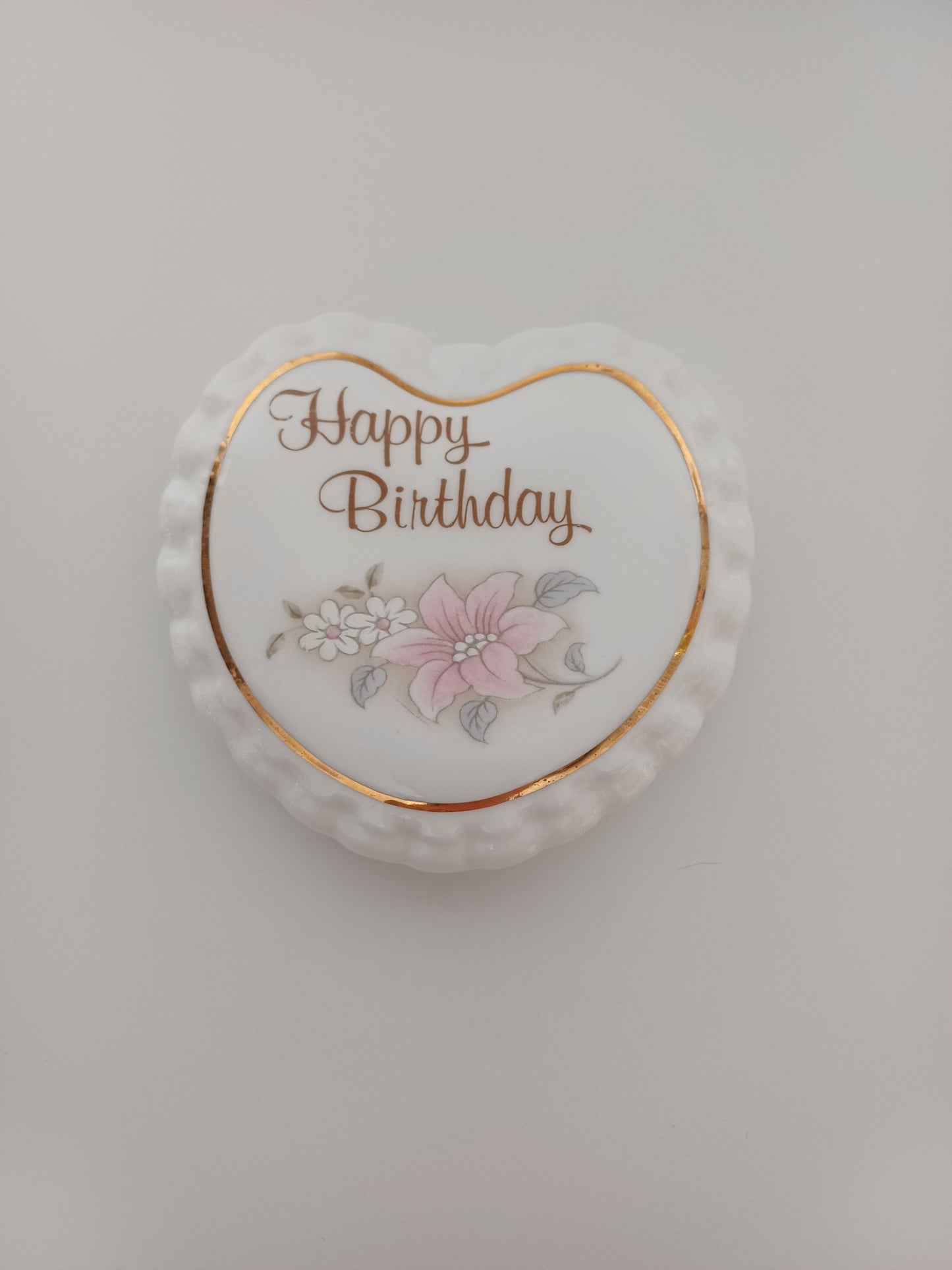 Aston White Fine Bone China Heart Shaped Happy Birthday Trinket Box with Lid - Very Good Condition