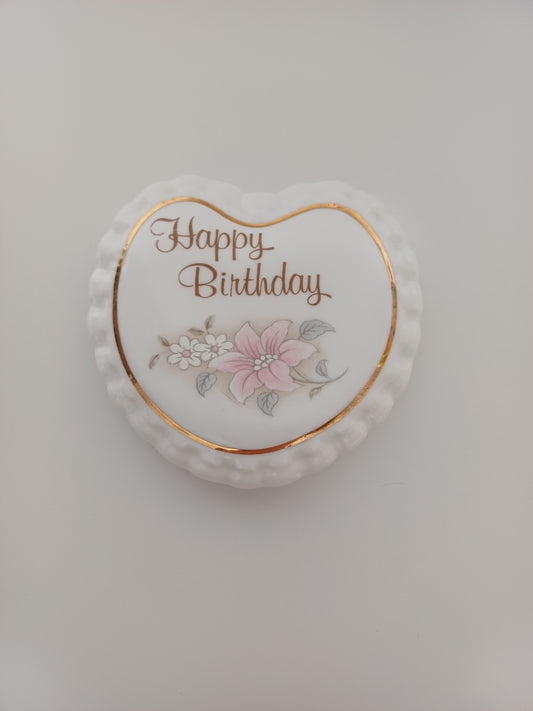 Aston White Fine Bone China Heart Shaped Happy Birthday Trinket Box with Lid - Very Good Condition