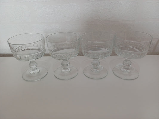 Vintage French Clear Pressed Glass Sundae Coupe Bowls Stemmed Set of 4 - Very Good Condition