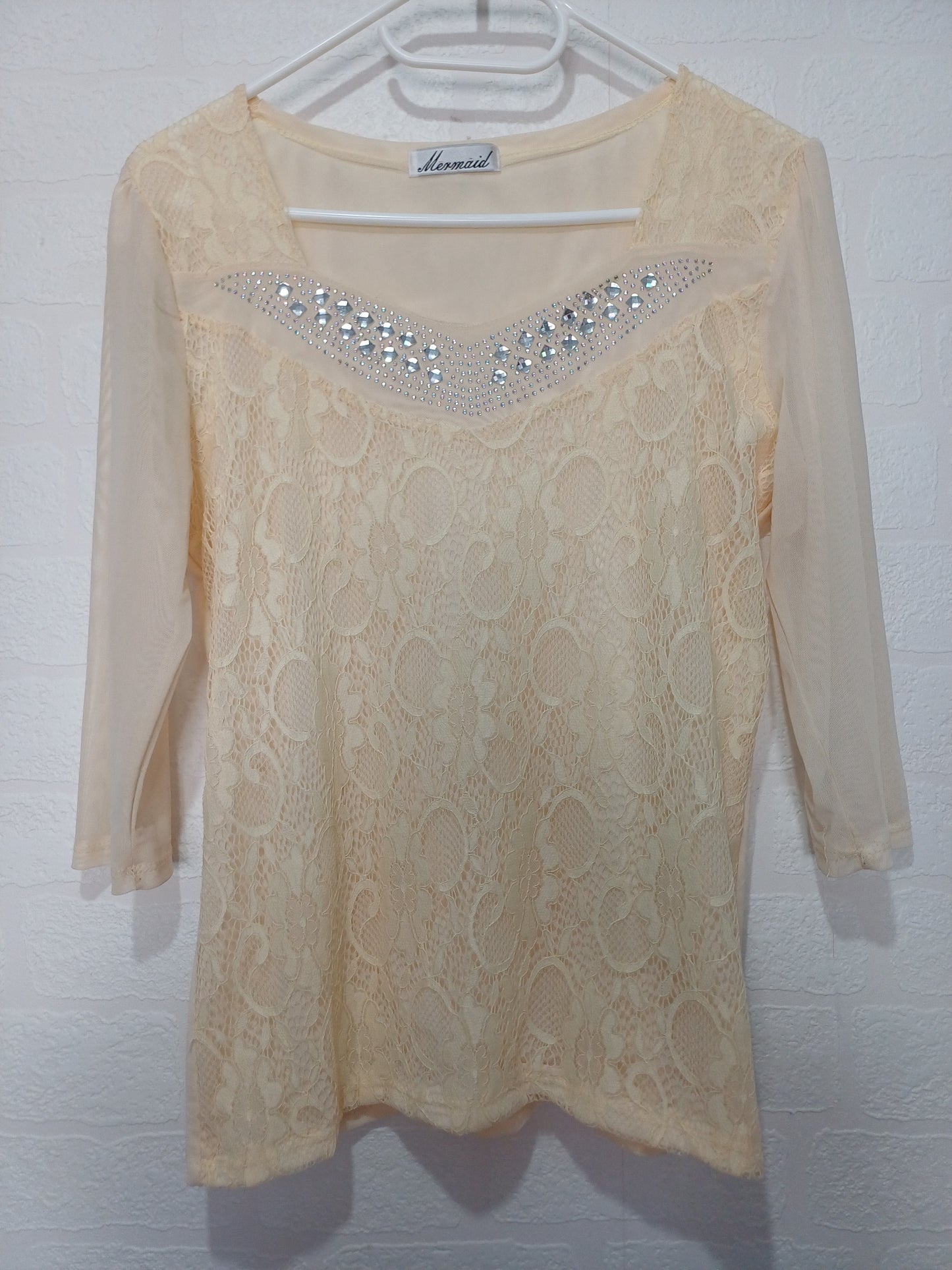 Trikoha Burgstadt Cream Lace Mesh Top Size 44 (UK 16) 18.5" PTP - Good Condition