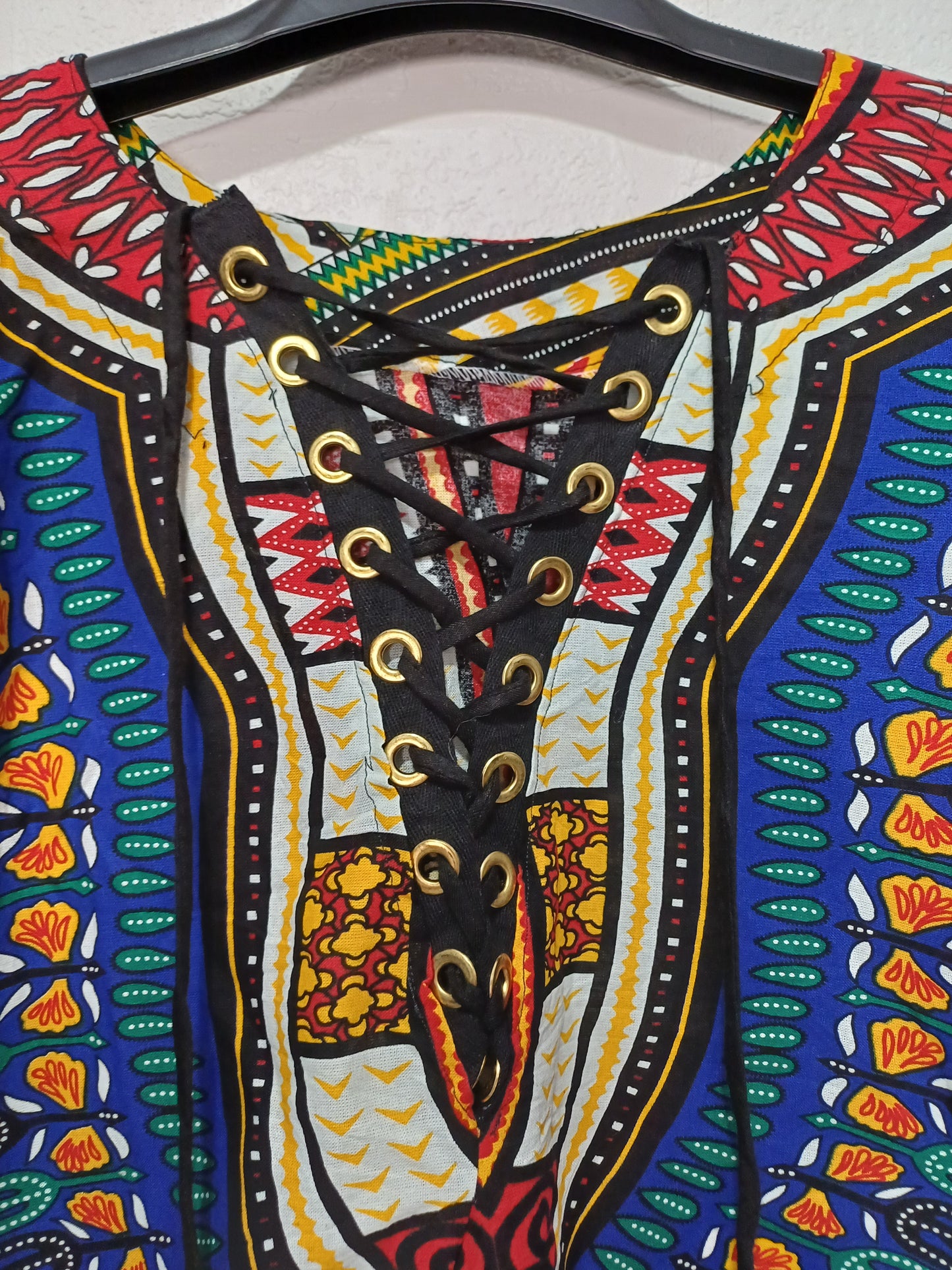 Unbranded Blue African Dashiki Print Lace Up Tunic Top Oversized 26" PTP - Very Good Condition
