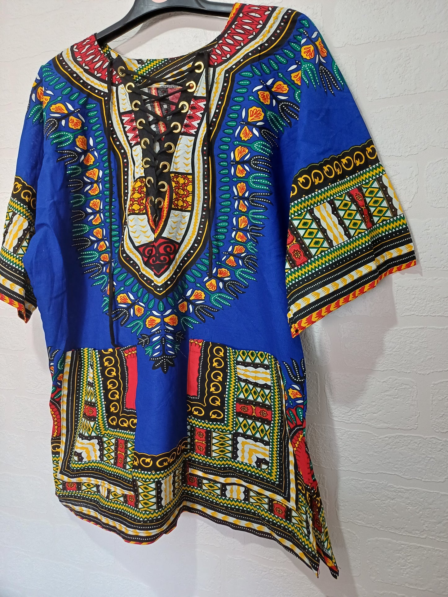 Unbranded Blue African Dashiki Print Lace Up Tunic Top Oversized 26" PTP - Very Good Condition