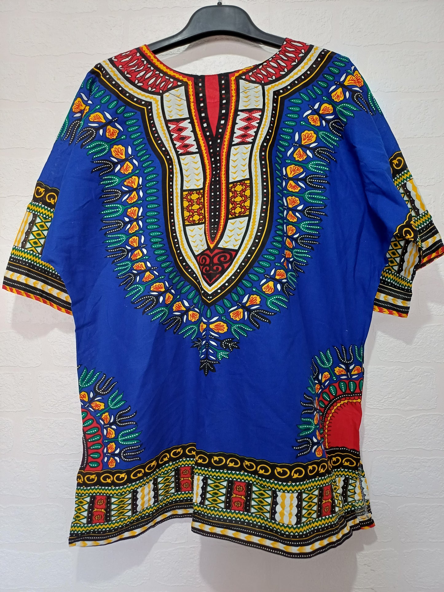 Unbranded Blue African Dashiki Print Lace Up Tunic Top Oversized 26" PTP - Very Good Condition