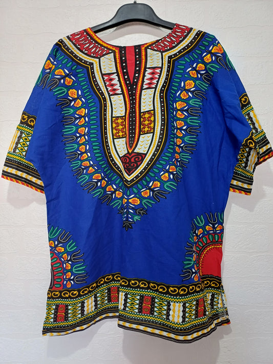 Unbranded Blue African Dashiki Print Lace Up Tunic Top Oversized 26" PTP - Very Good Condition