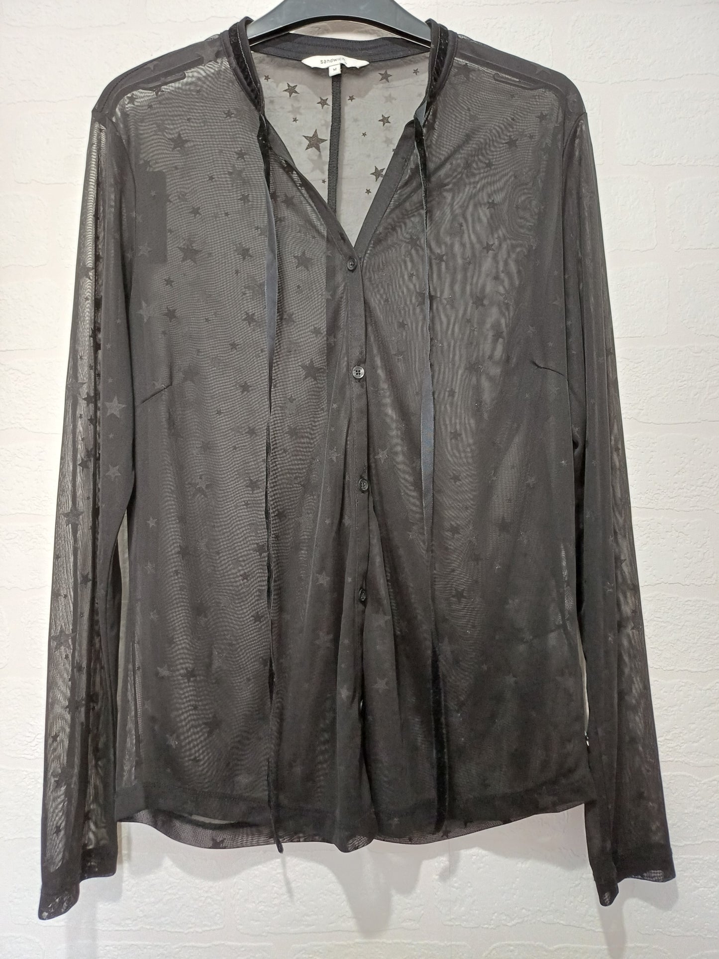 Sandwich Black Star Print Semi-Sheer Mesh Top Medium 20" PTP - Very Good Condition