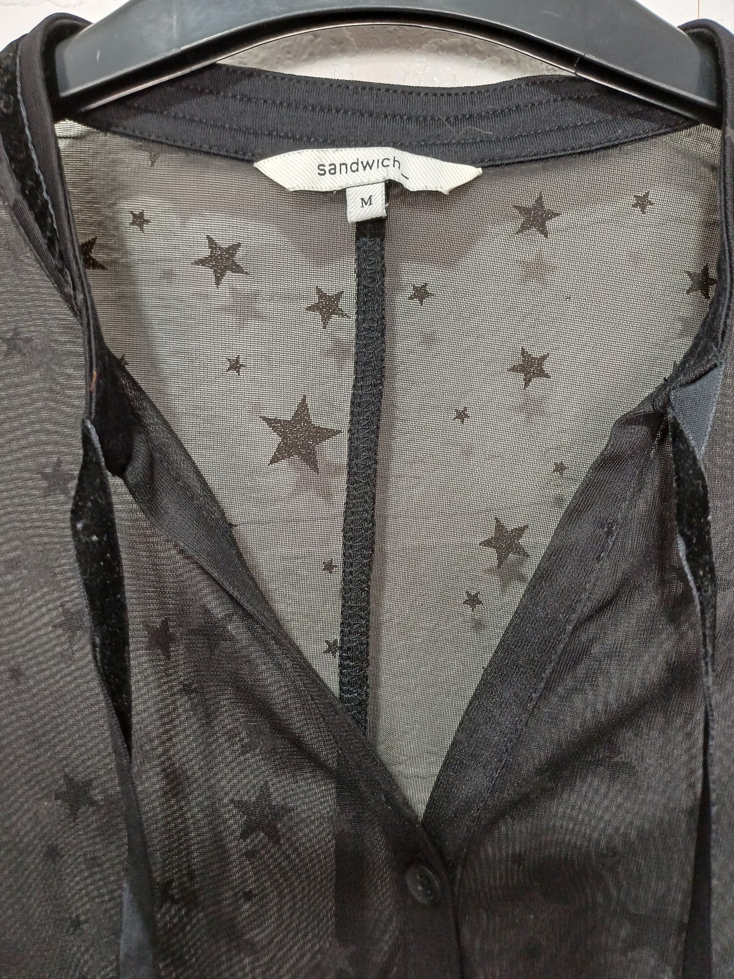 Sandwich Black Star Print Semi-Sheer Mesh Top Medium 20" PTP - Very Good Condition