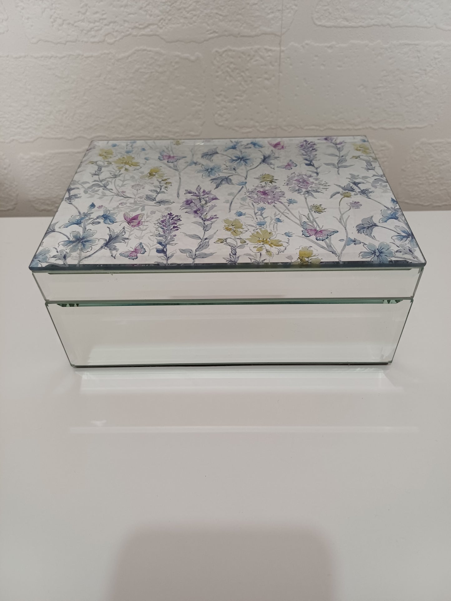 Floral Wildflower Mirrored Glass Jewellery Trinket Box Velvet Interior - Very Good Condition