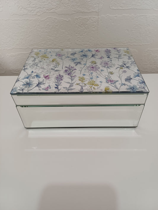 Floral Wildflower Mirrored Glass Jewellery Trinket Box Velvet Interior - Very Good Condition