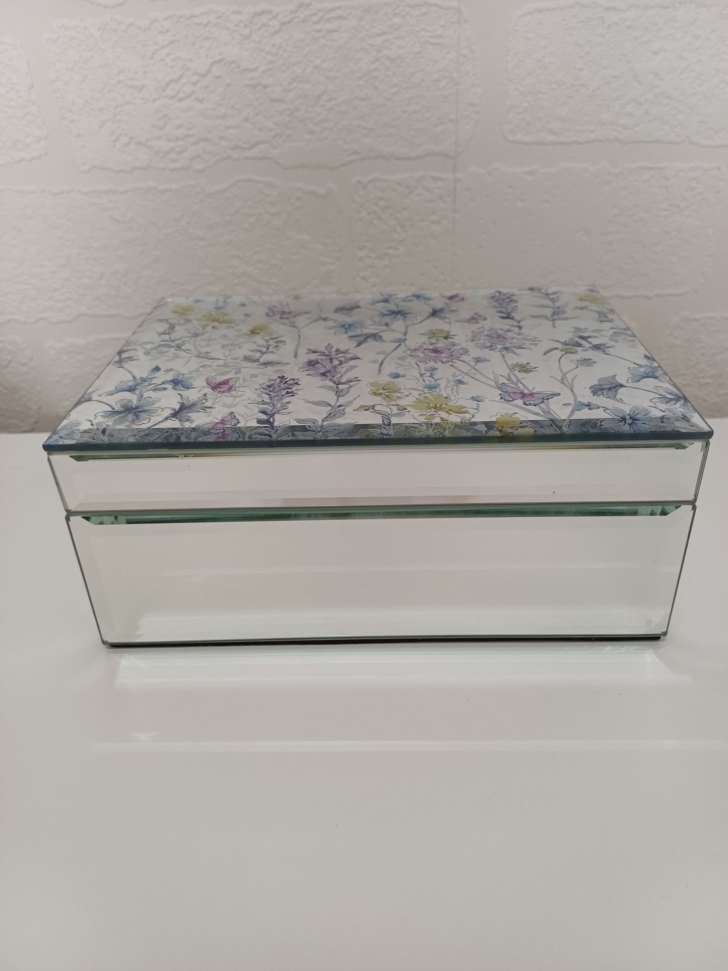 Floral Wildflower Mirrored Glass Jewellery Trinket Box Velvet Interior - Very Good Condition