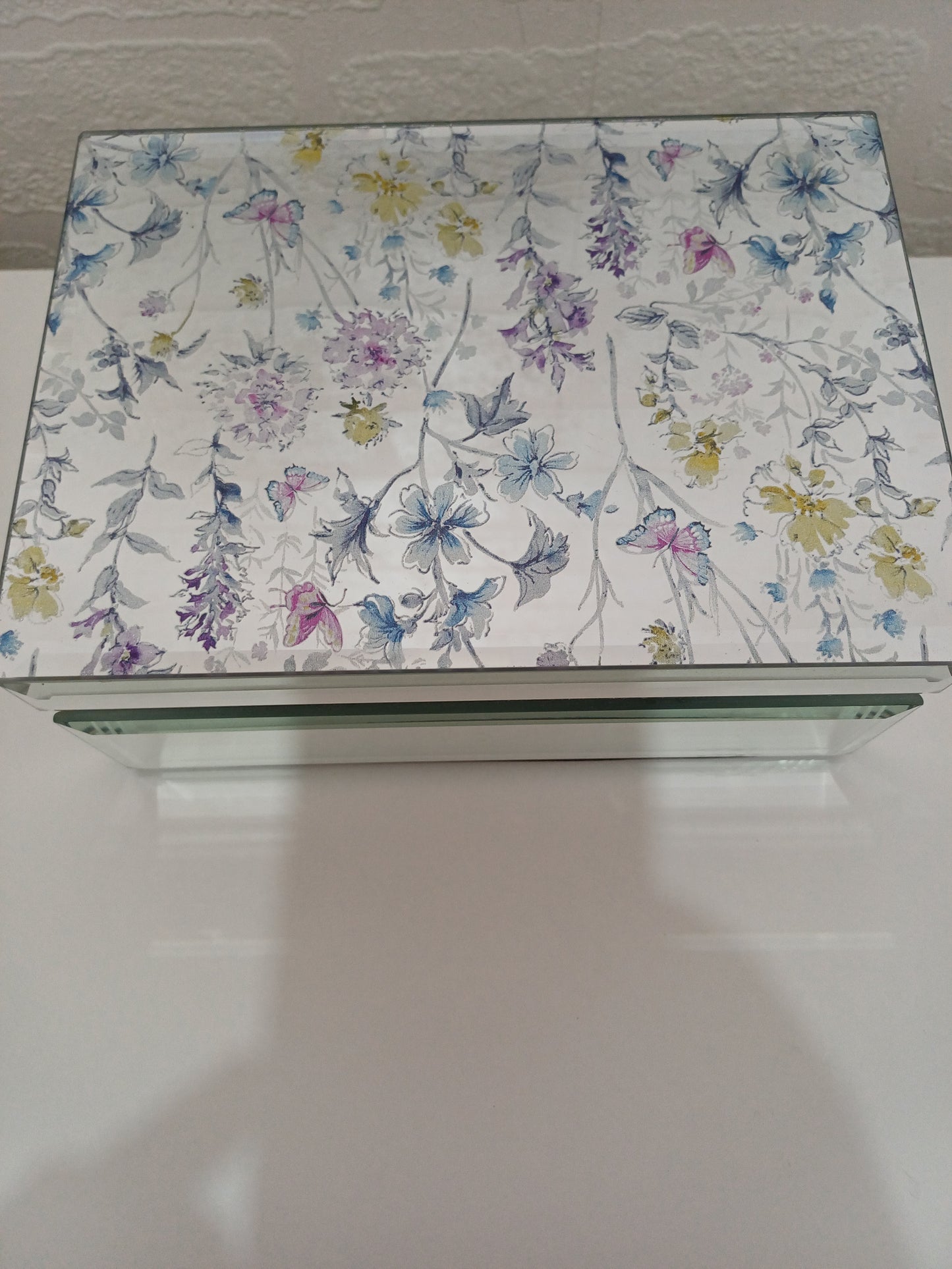 Floral Wildflower Mirrored Glass Jewellery Trinket Box Velvet Interior - Very Good Condition