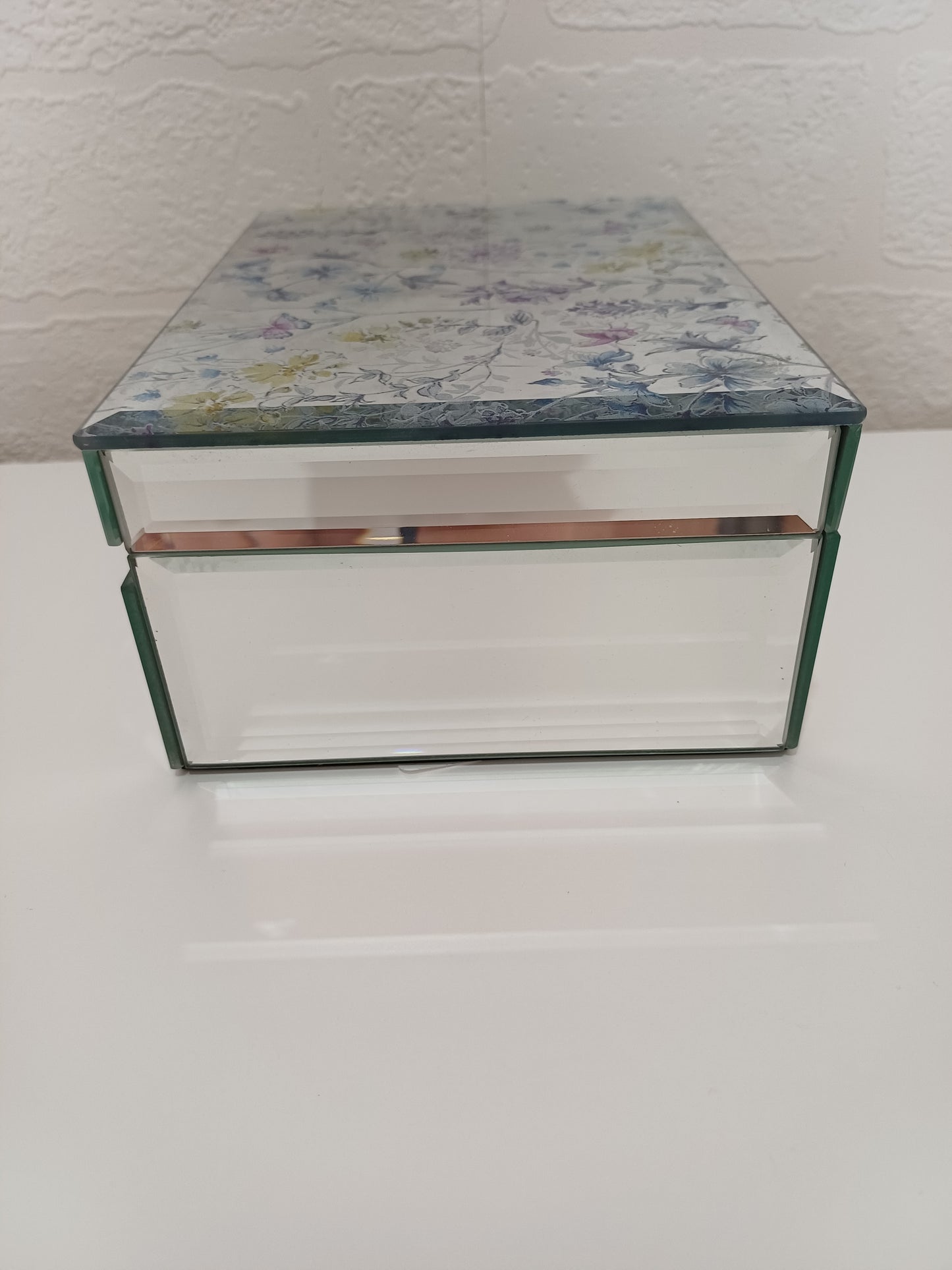 Floral Wildflower Mirrored Glass Jewellery Trinket Box Velvet Interior - Very Good Condition