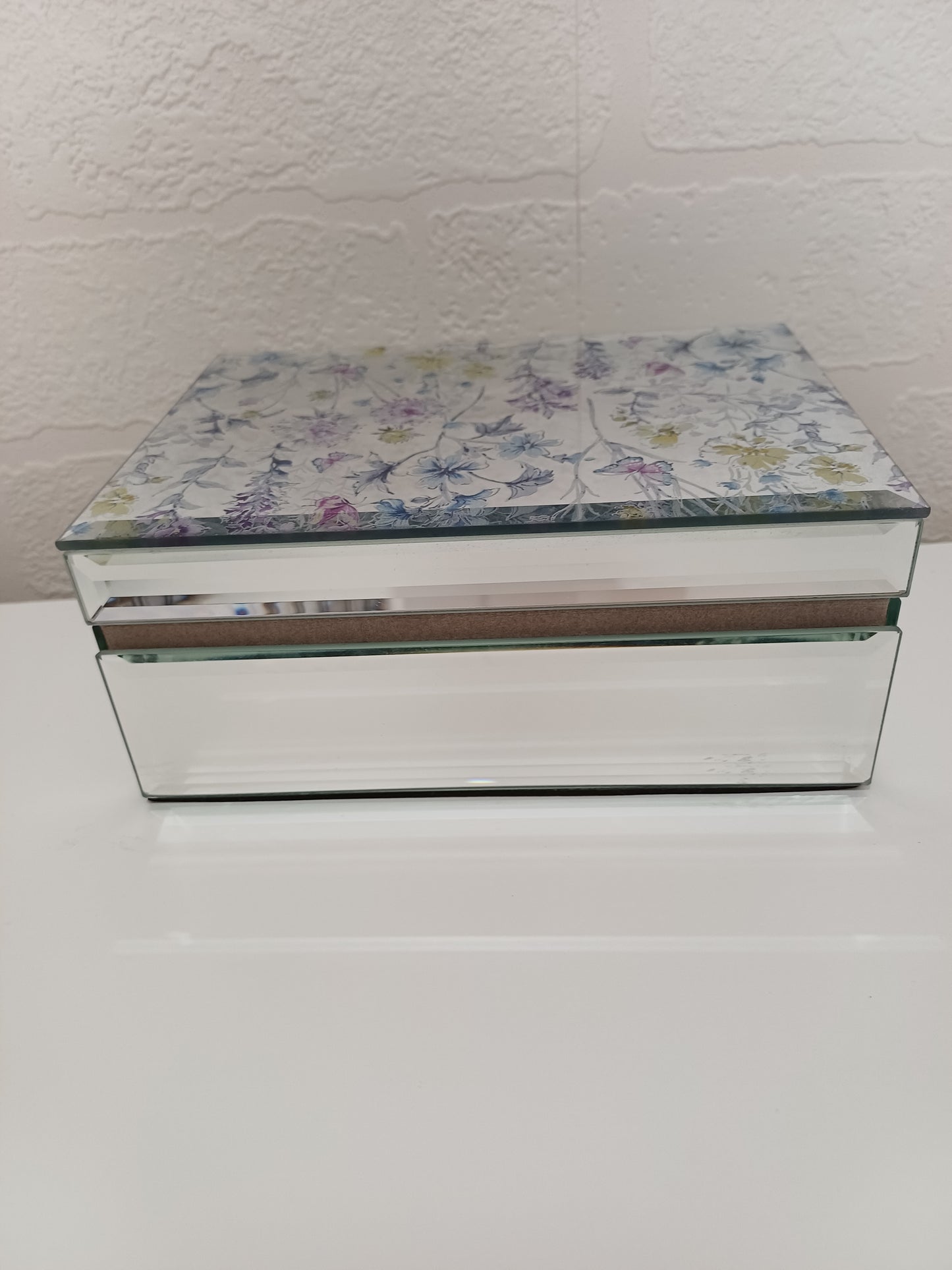 Floral Wildflower Mirrored Glass Jewellery Trinket Box Velvet Interior - Very Good Condition