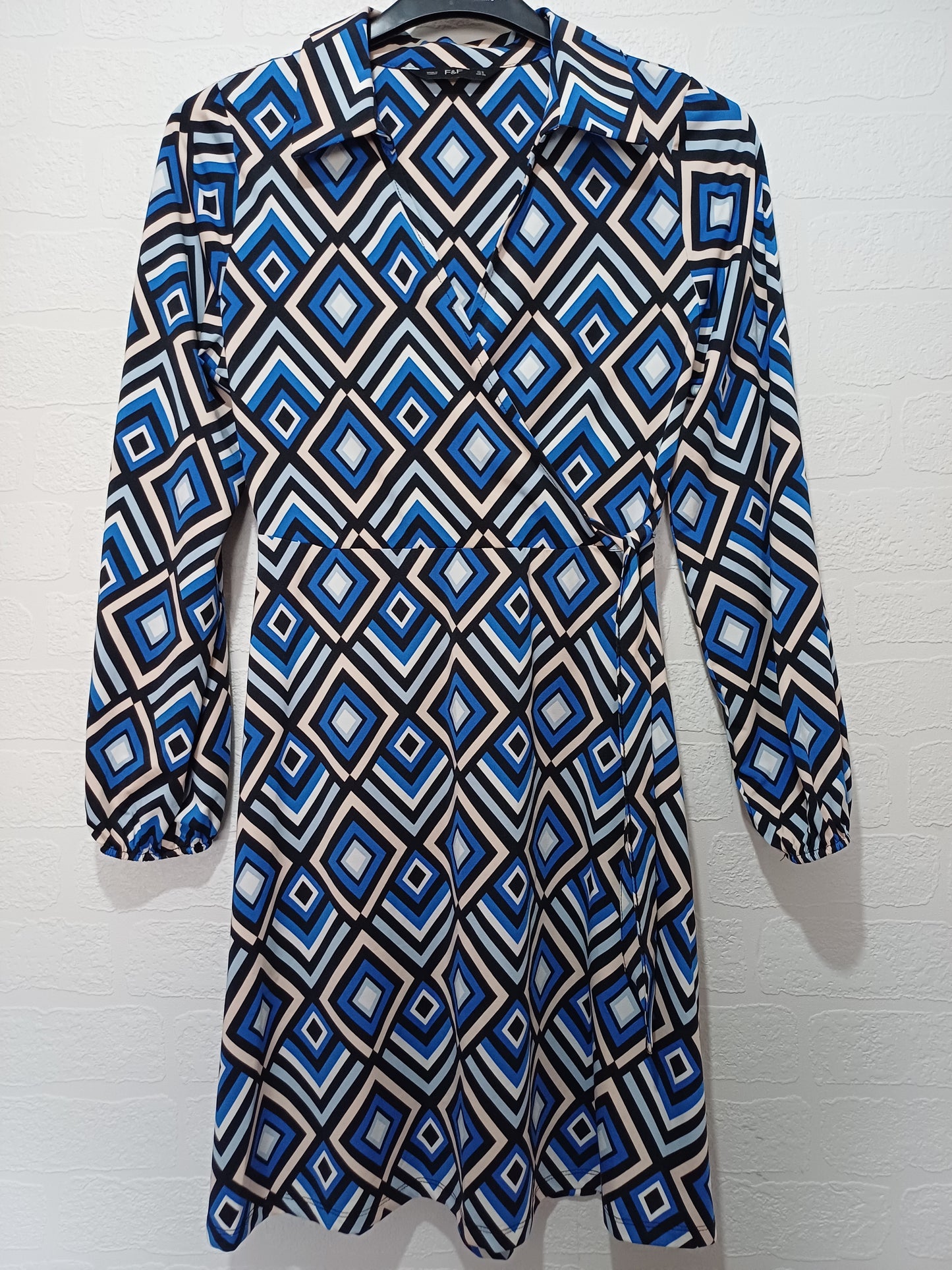 F&F Geometric Print Wrap Dress Size 8 17" PTP - Very Good Condition