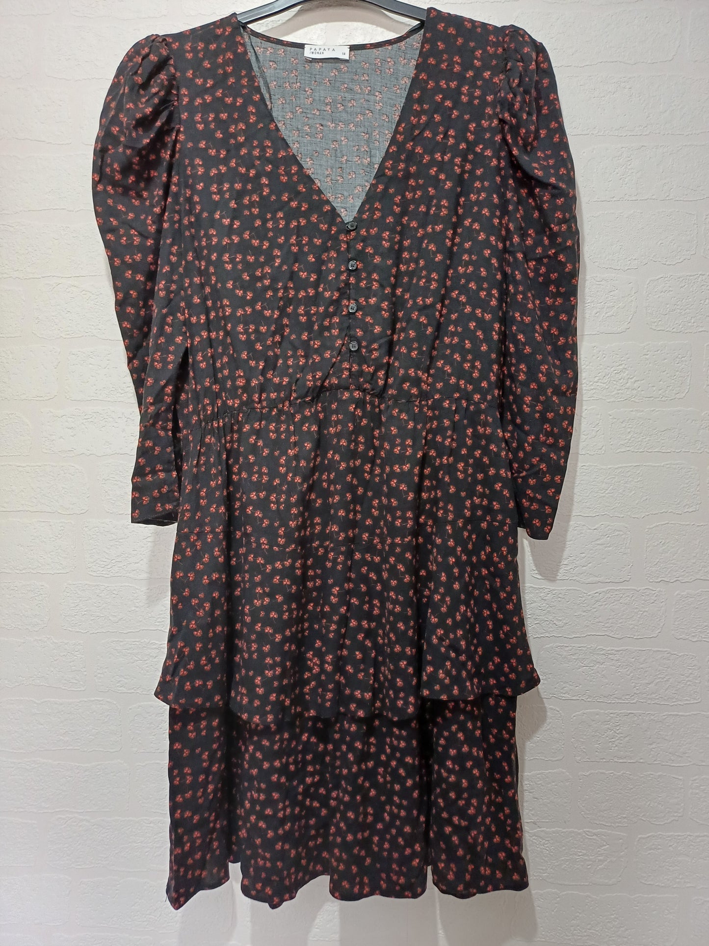 Papaya Black Floral Tiered Midi Dress Size 14 20" PTP - Very Good Condition