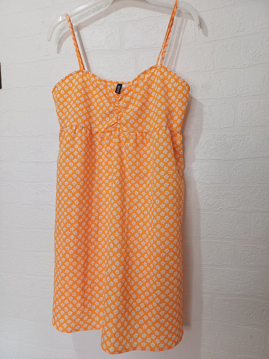 H&M Divided Orange Floral Strappy Summer Dress Medium 17" PTP - Very Good Condition