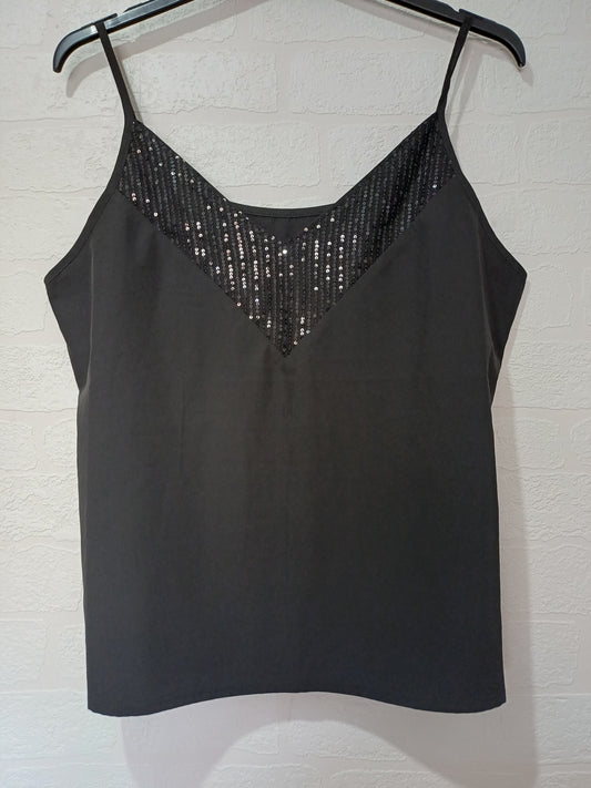 Black Sequin Cami Vest Top XL 21" PTP - Very Good Condition
