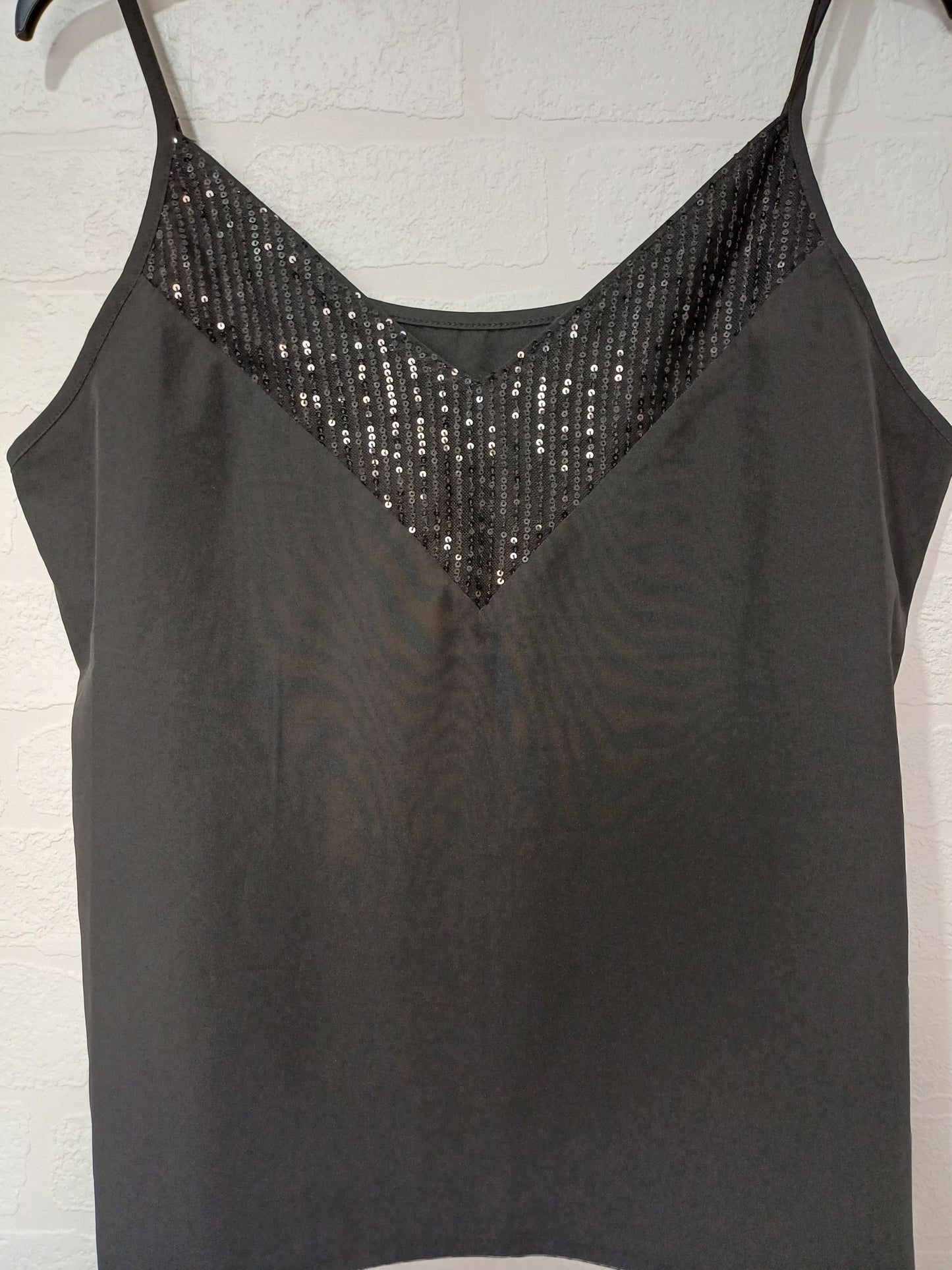 Black Sequin Cami Vest Top XL 21" PTP - Very Good Condition