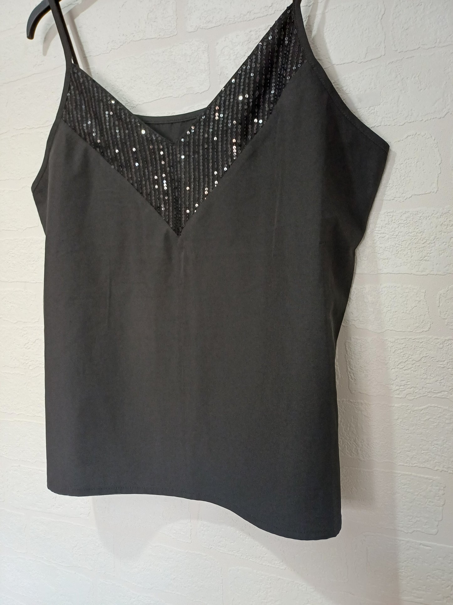 Black Sequin Cami Vest Top XL 21" PTP - Very Good Condition