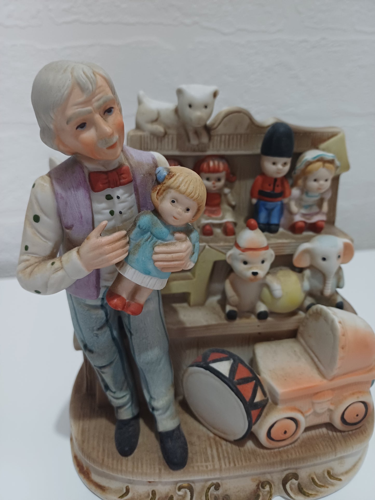 Vintage Style Ceramic Figurine Toy Shop Scene Hand Painted 6.5" High - Very Good Condition