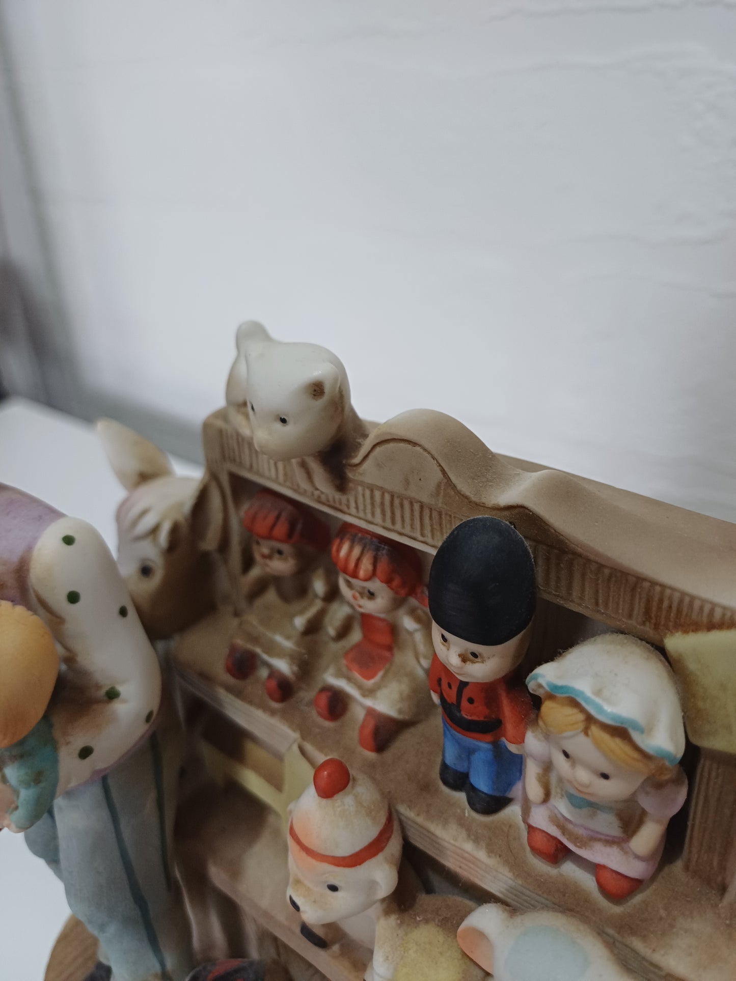 Vintage Style Ceramic Figurine Toy Shop Scene Hand Painted 6.5" High - Very Good Condition