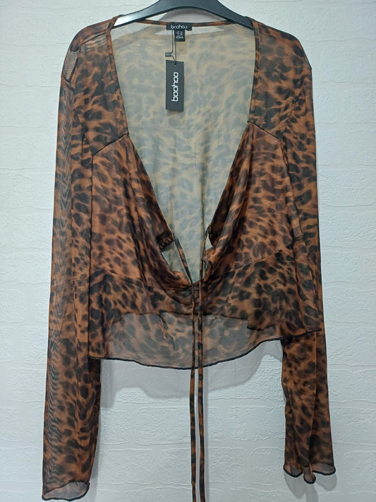 Boohoo Brown & Black Leopard Print Mesh Tie Front Long Sleeve Top UK 24 - BNWT