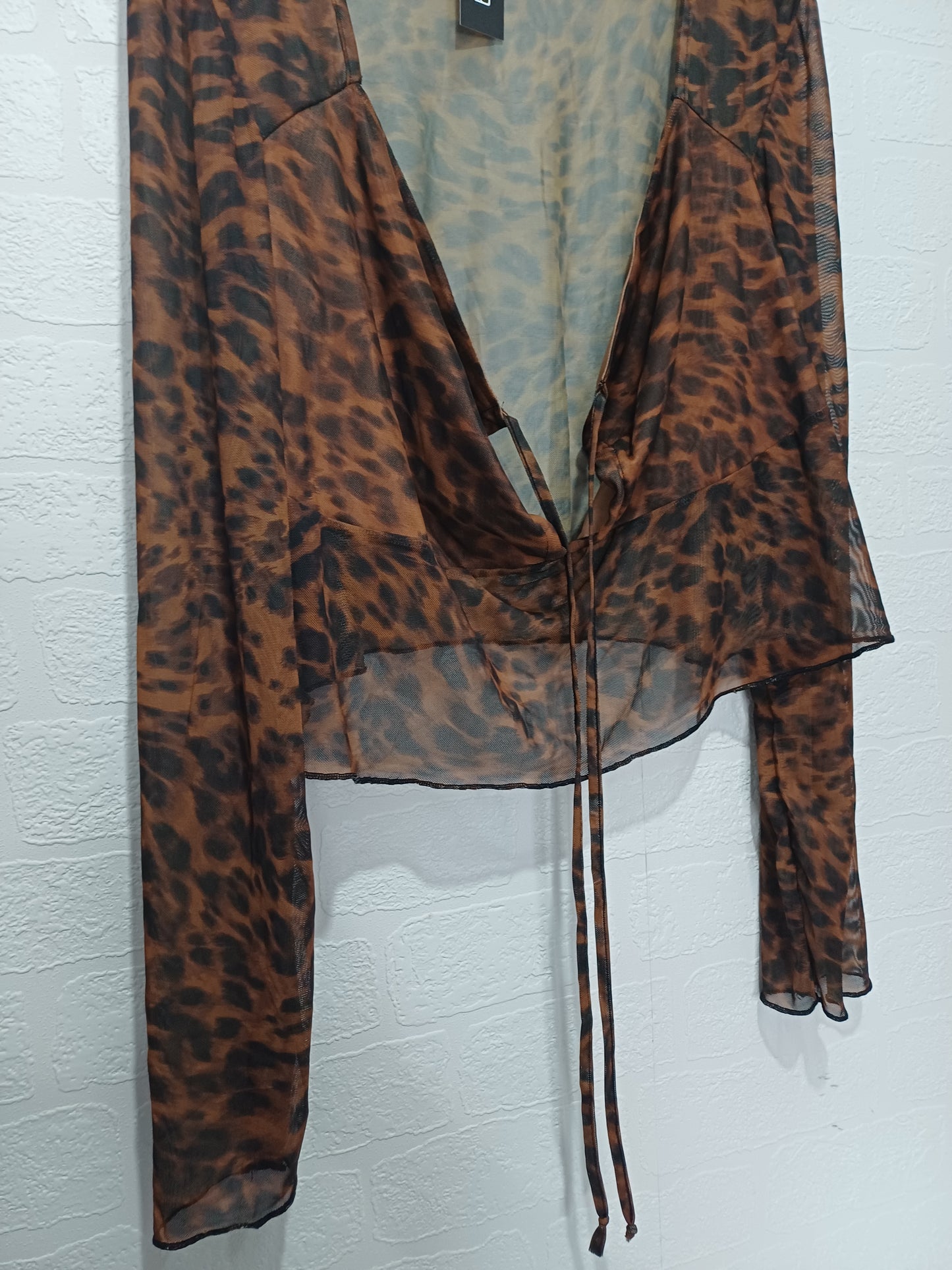 Boohoo Brown & Black Leopard Print Mesh Tie Front Long Sleeve Top UK 24 - BNWT