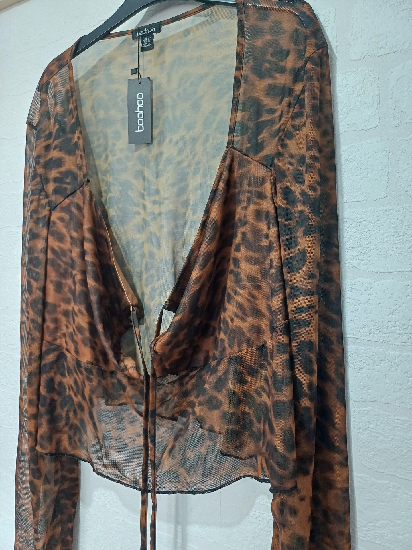 Boohoo Brown & Black Leopard Print Mesh Tie Front Long Sleeve Top UK 24 - BNWT