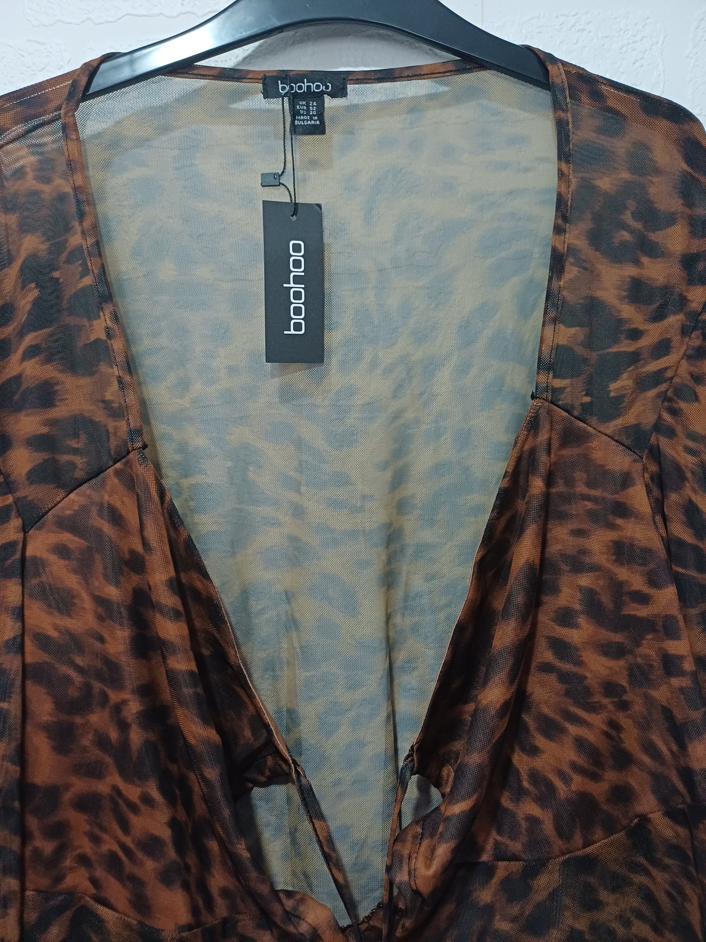 Boohoo Brown & Black Leopard Print Mesh Tie Front Long Sleeve Top UK 24 - BNWT