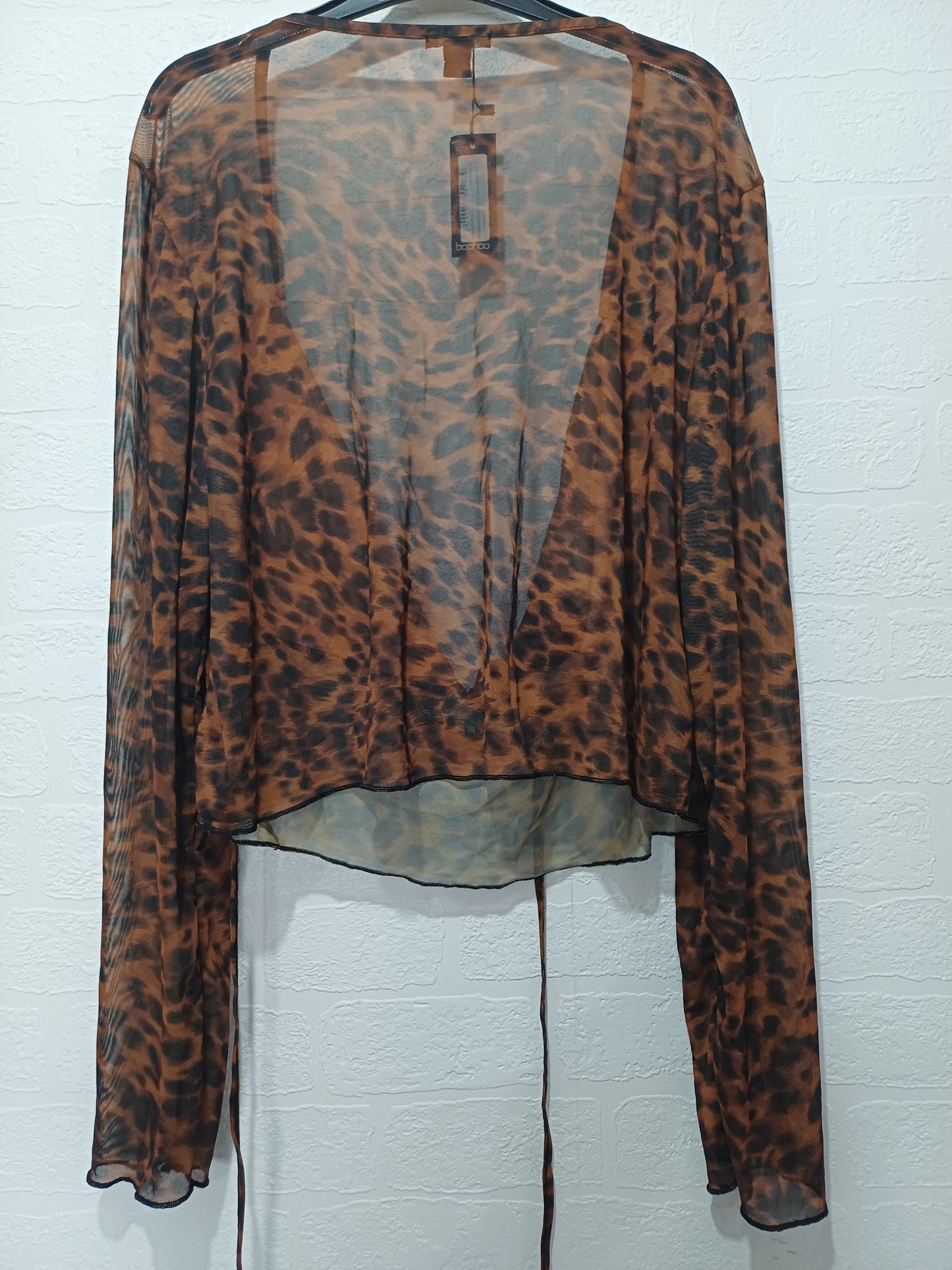 Boohoo Brown & Black Leopard Print Mesh Tie Front Long Sleeve Top UK 24 - BNWT