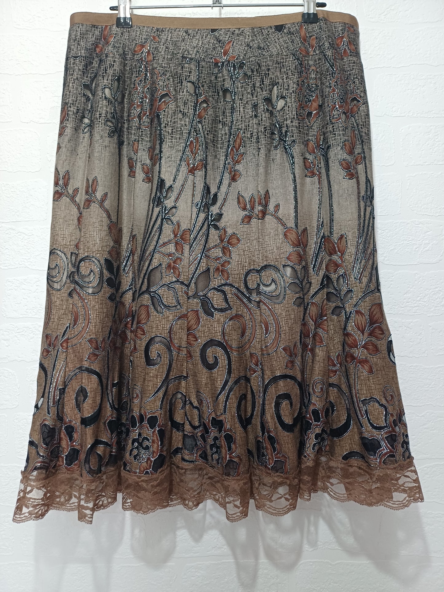 LBO London Brown Floral Midi Skirt Size 16 - Excellent Condition