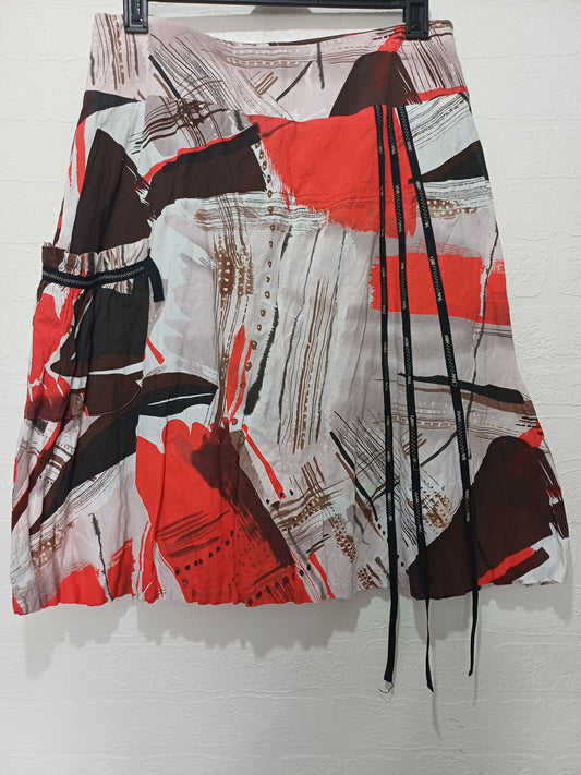 Stitches Red Brown Beige Abstract Print A-Line Skirt Size 14 - Very Good Condition